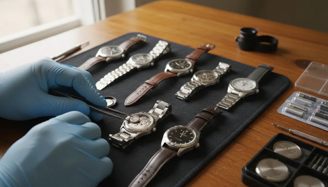 Hænder udskifter batteri i et armbåndsur på et arbejdsbord med flere ure og urværktøj.