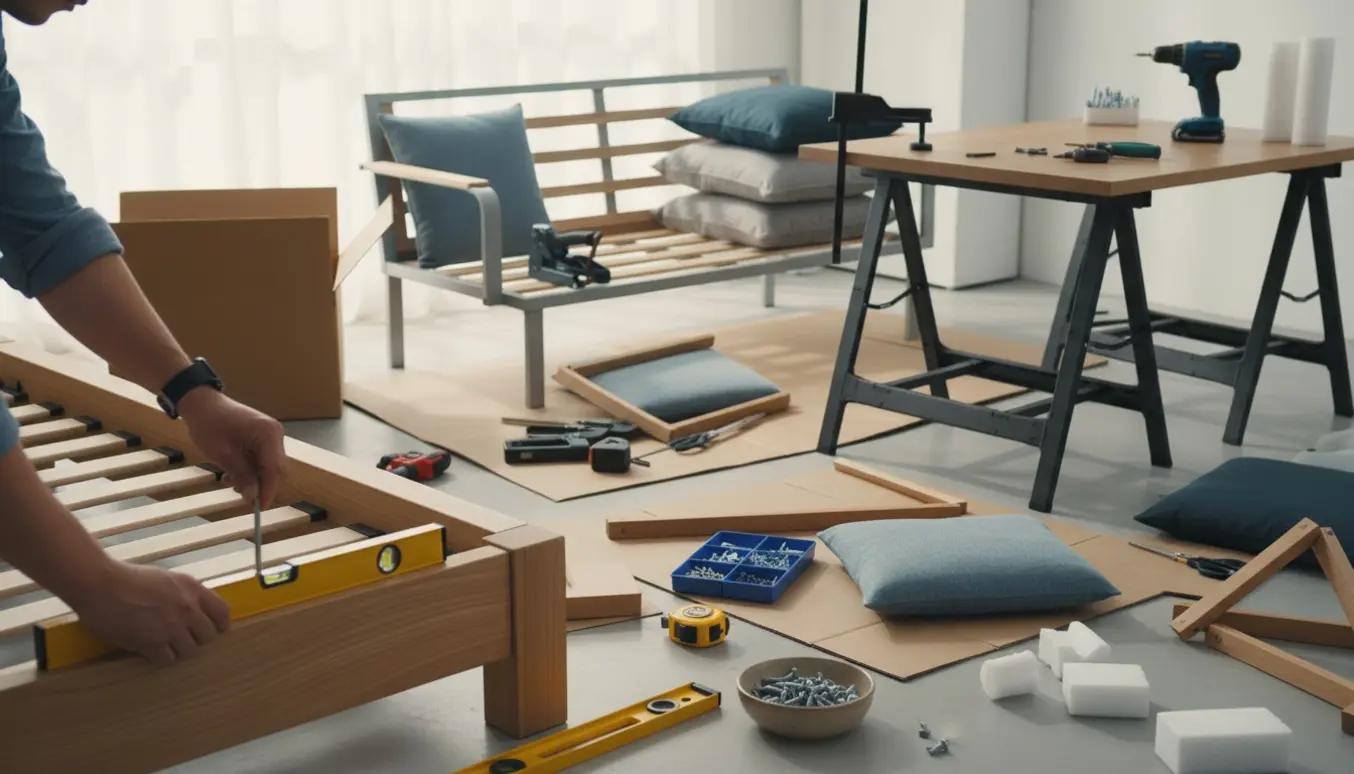 Delvist samlede seng, bord, sofa og stole i et lyst rum med værktøj og hænder ved arbejdet.