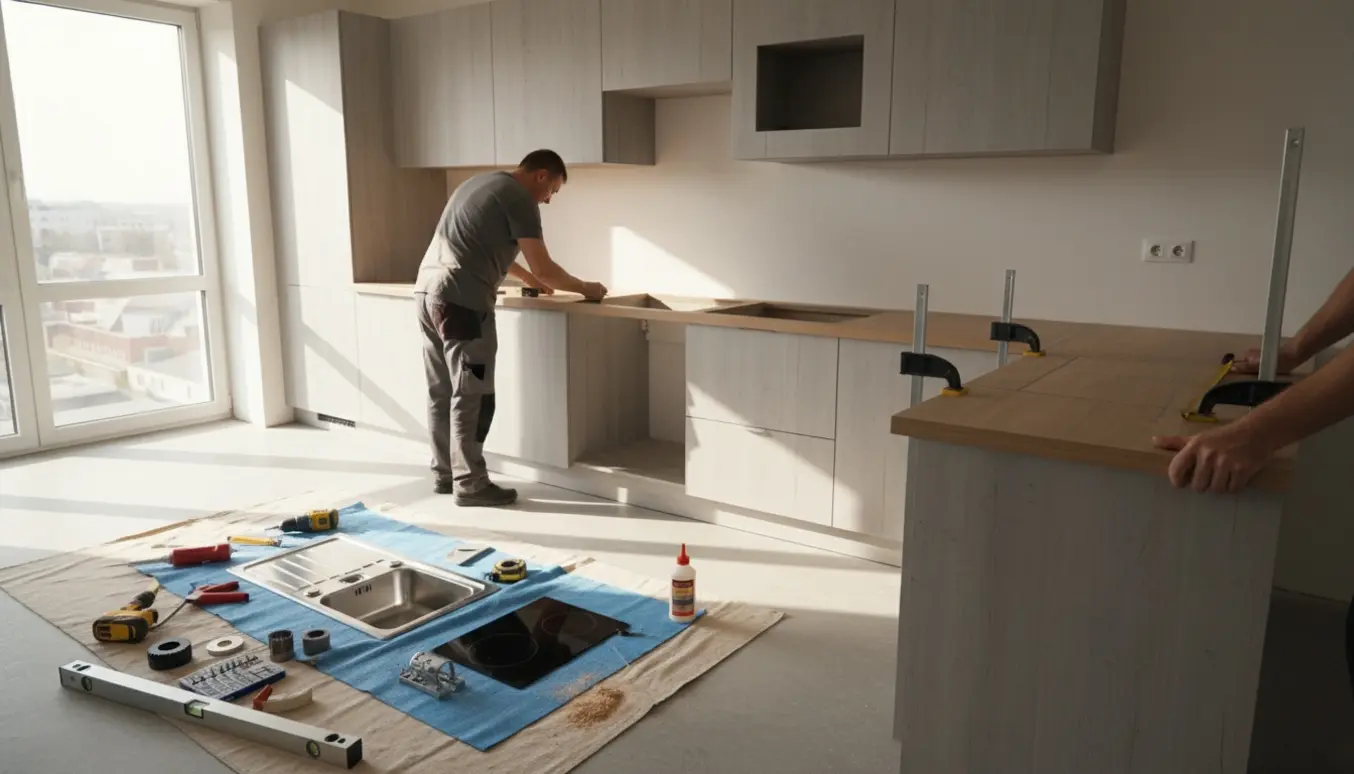 Arbejdsbillede af køkkenmontering med modulskabe og bordplade med udskæringer til vask og kogeplade.