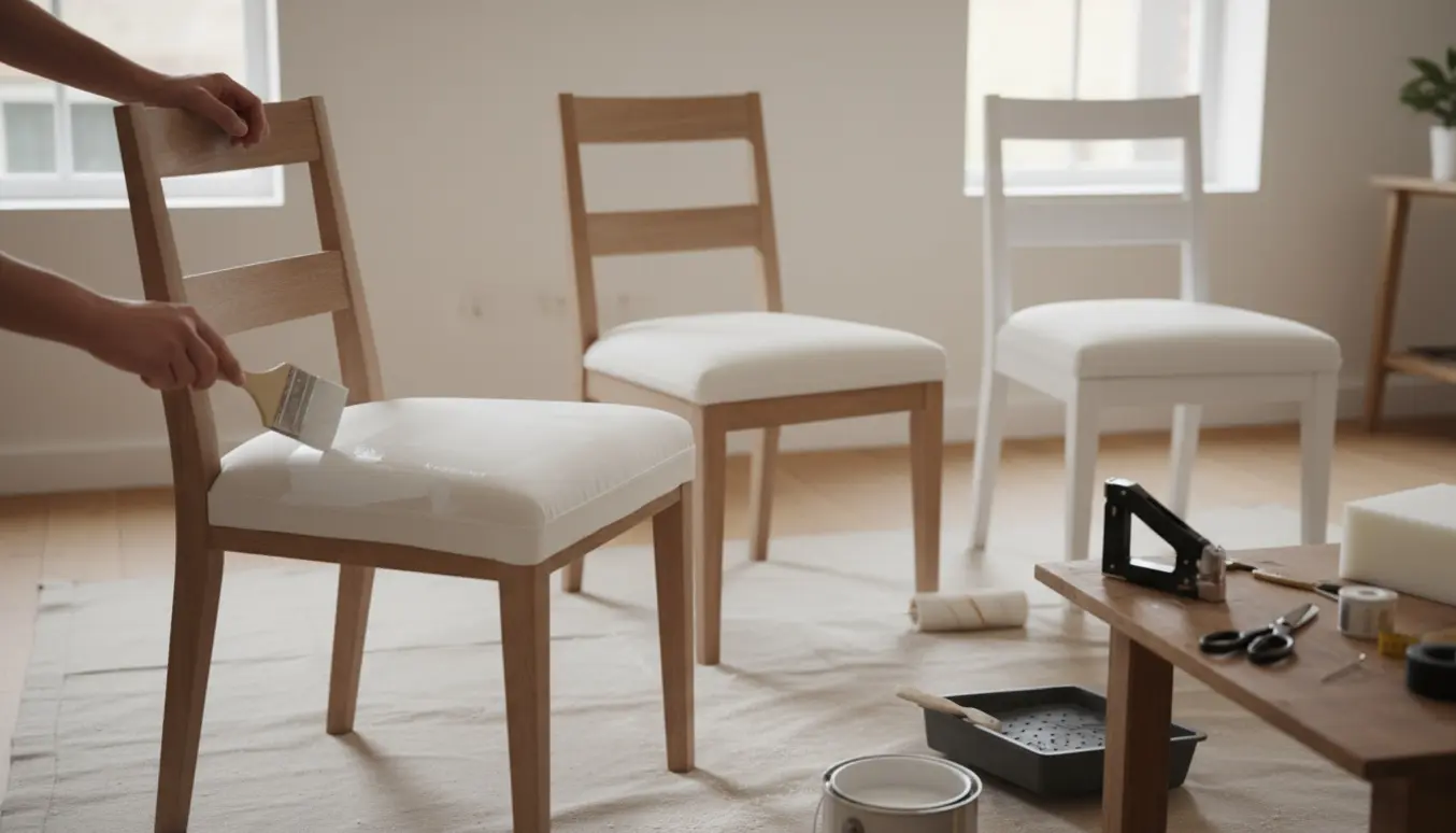 Fire træstole under istandsættelse med hænder, der maler og ombetrækker sæderne i bomulds-hvidt i et lyst værksted.