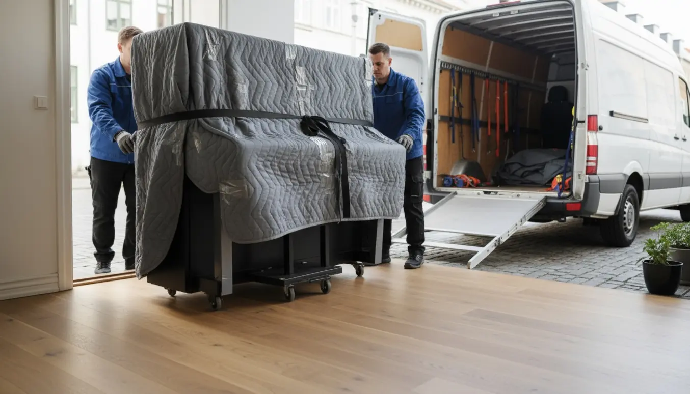 Et opretstående klaver indpakket i tæpper og sikret på dolly, mens flyttefolk fører det ud gennem en åben dør mod en ventende varevogn.