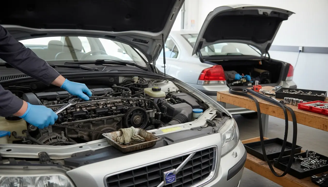 Åben motorhjelm og bagagerum på en Volvo S80 2006, mekaniker udskifter tandrem og remme.