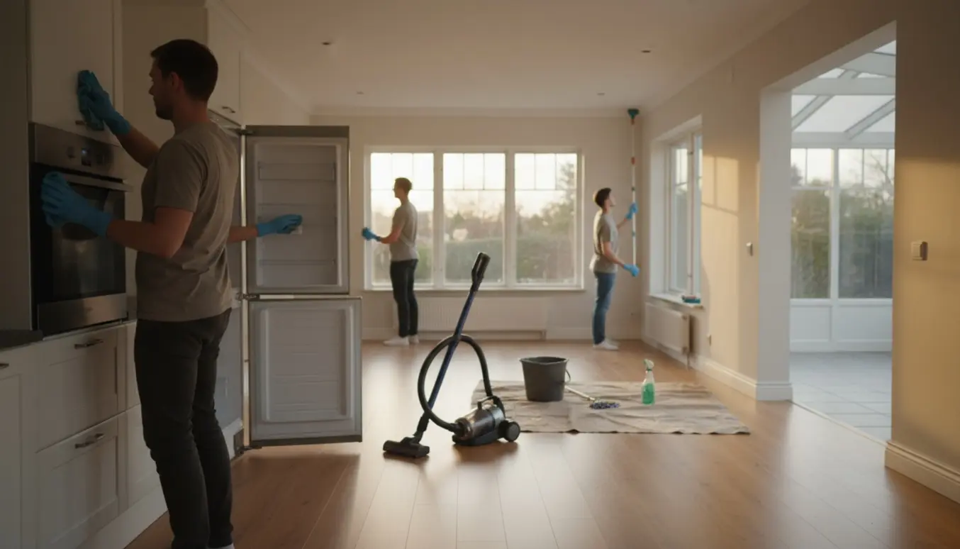 Flytterengøring i en tom, velholdt villa med hands-on aftørring af skabe, gulvvask og pudsning af vinduer i aftenslys.