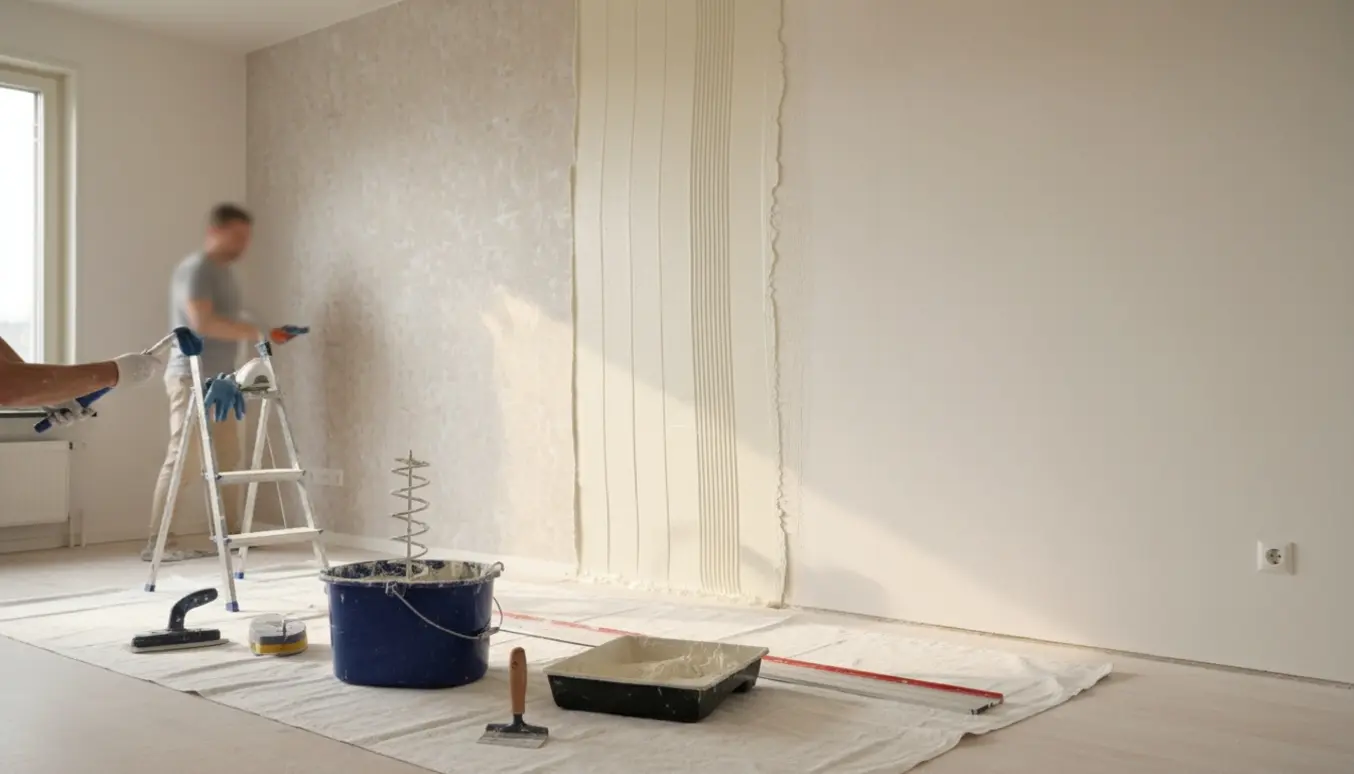 Tom lejlighedsvæg delvist spartlet med rullespartel, værktøj og fint støv på gulvet.