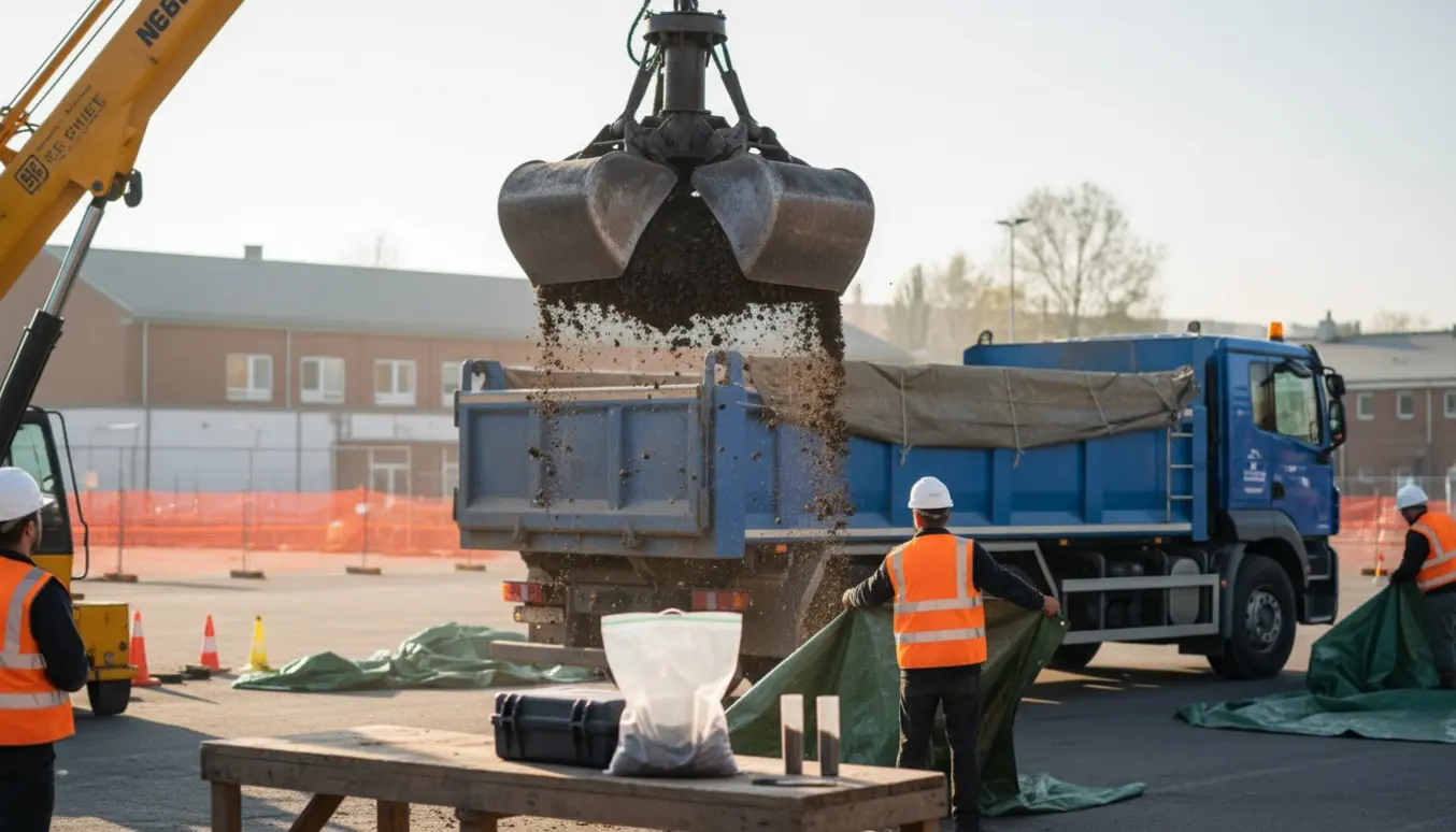 Kran med grab løfter byjord over en tippelastbil, mens en jordprøve ligger på et arbejdsbord og arbejdere i vareveste ses bagfra.