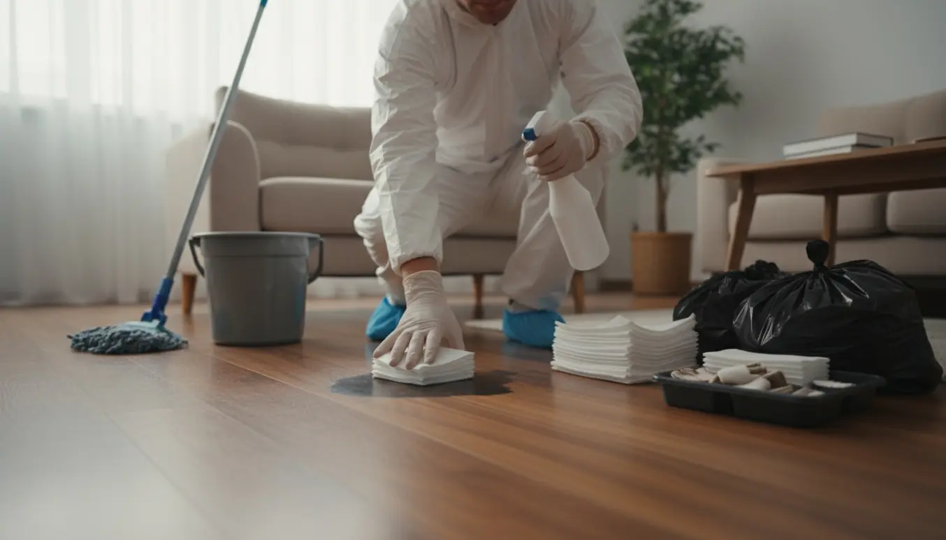 Professionel i beskyttelsesudstyr renser en plet på lejlighedsgulvet efter dødsfald.