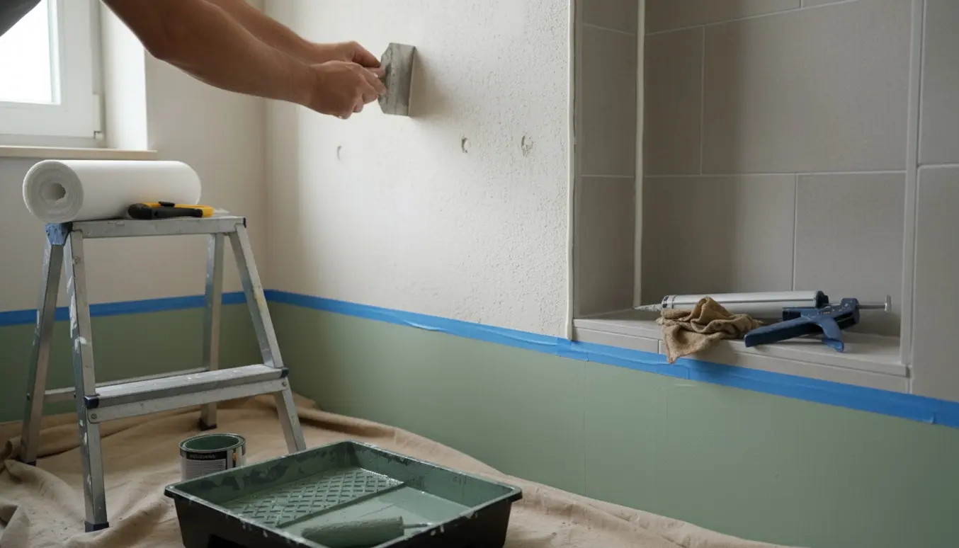 Lille badeværelse under renovering med spartling, filt, fuge i bruseniche og halvmalet væg.
