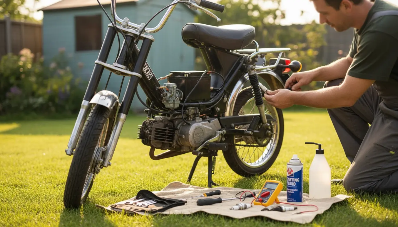 En person undersøger en knallert i haven med sædet løftet og værktøj spredt omkring.