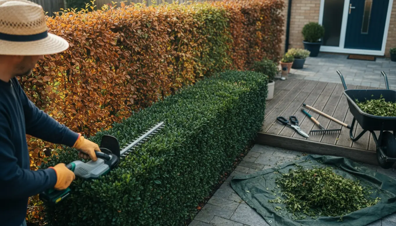 Gartner trimmer en velplejet liguster- og bøgehæk ved husets terrasse med værktøj og opsamlede afklip.