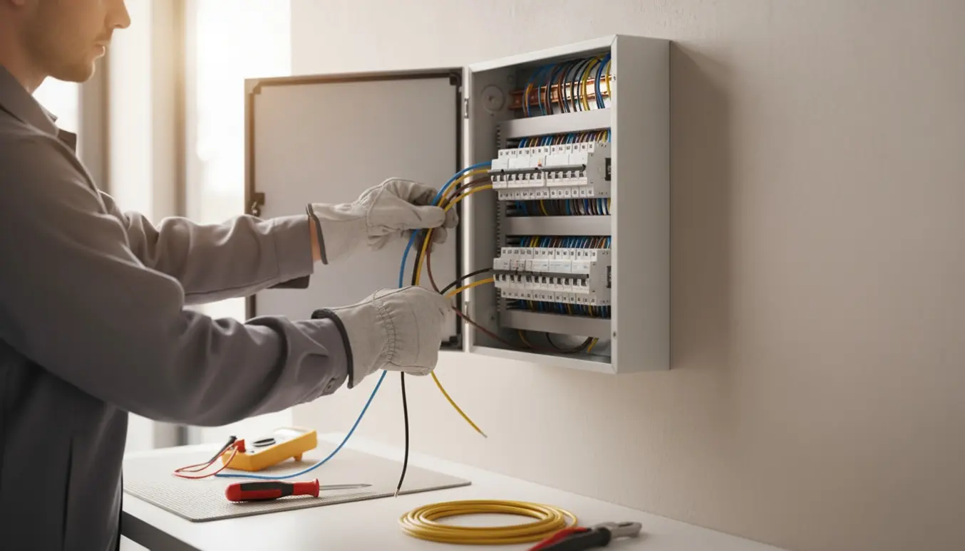 Elektriker uden synligt ansigt monterer en ny eltavle med isolerede handsker og værktøj.