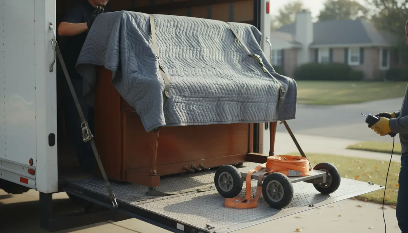 Et polstret klaver læsses omhyggeligt på en lastbil med lift i en forstad.