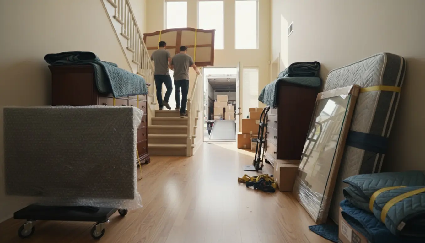 To flyttemænd bærer en delt kingsize-seng ned ad trappen i en lys opgang med bobleplastbeskyttet tv, to høje kommoder og stabler af flyttekasser.