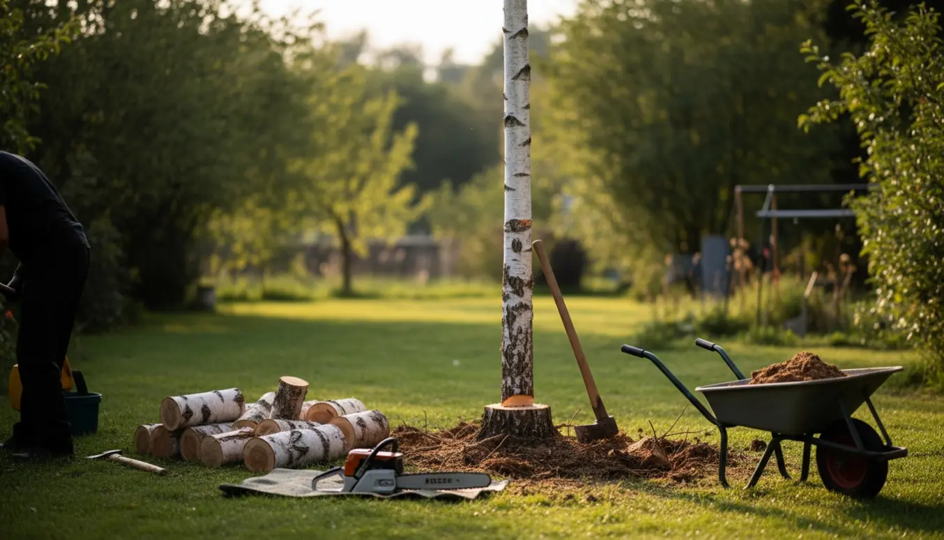 Birkestamme i have omgivet af opskårede stykker træ, savsmuld og værktøj klar til fjernelse af stub og rødder.