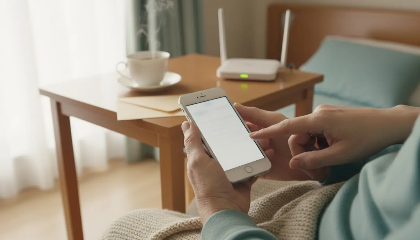 Ældre mand holder en iPhone SE, mens en hjælper peger på skærmen i et lyst plejehjemsværelse.
