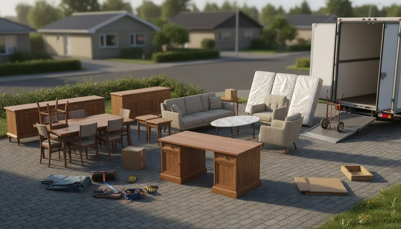 Bunke møbler klar til afhentning ved åben flyttevogn: skrivebord, spisebord med stole, skænke, sofa, lænestole, marmor sofabord og indpakkede madrasser.