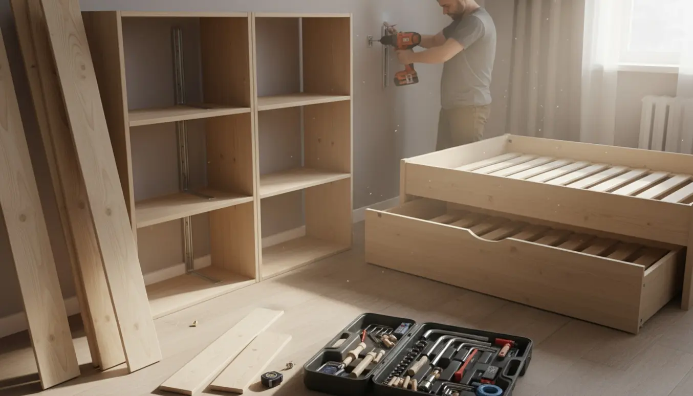 Nærbillede af værktøj og hænder, der samler en reol og en udtræksseng i et lyst rum.