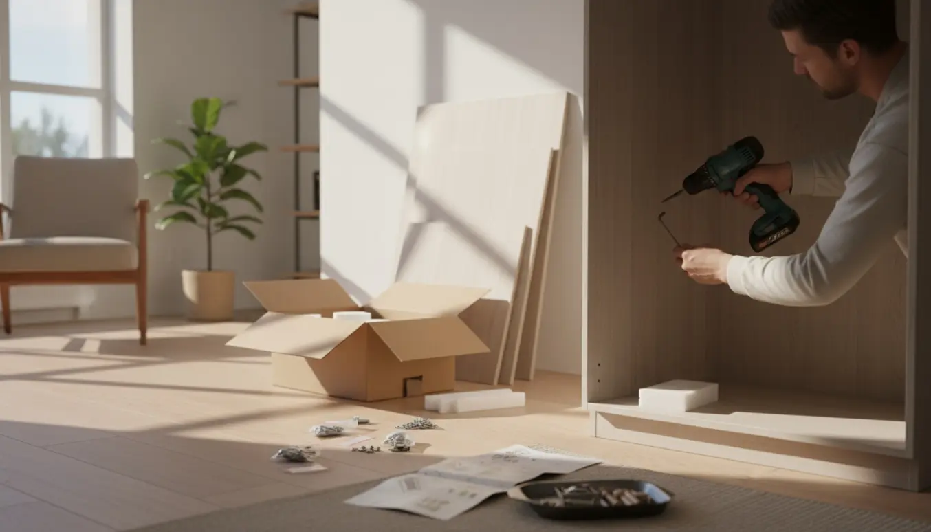 Delvist samlet fladtpakket skab i et lyst skandinavisk hjem med hænder, værktøj og dele omkring.