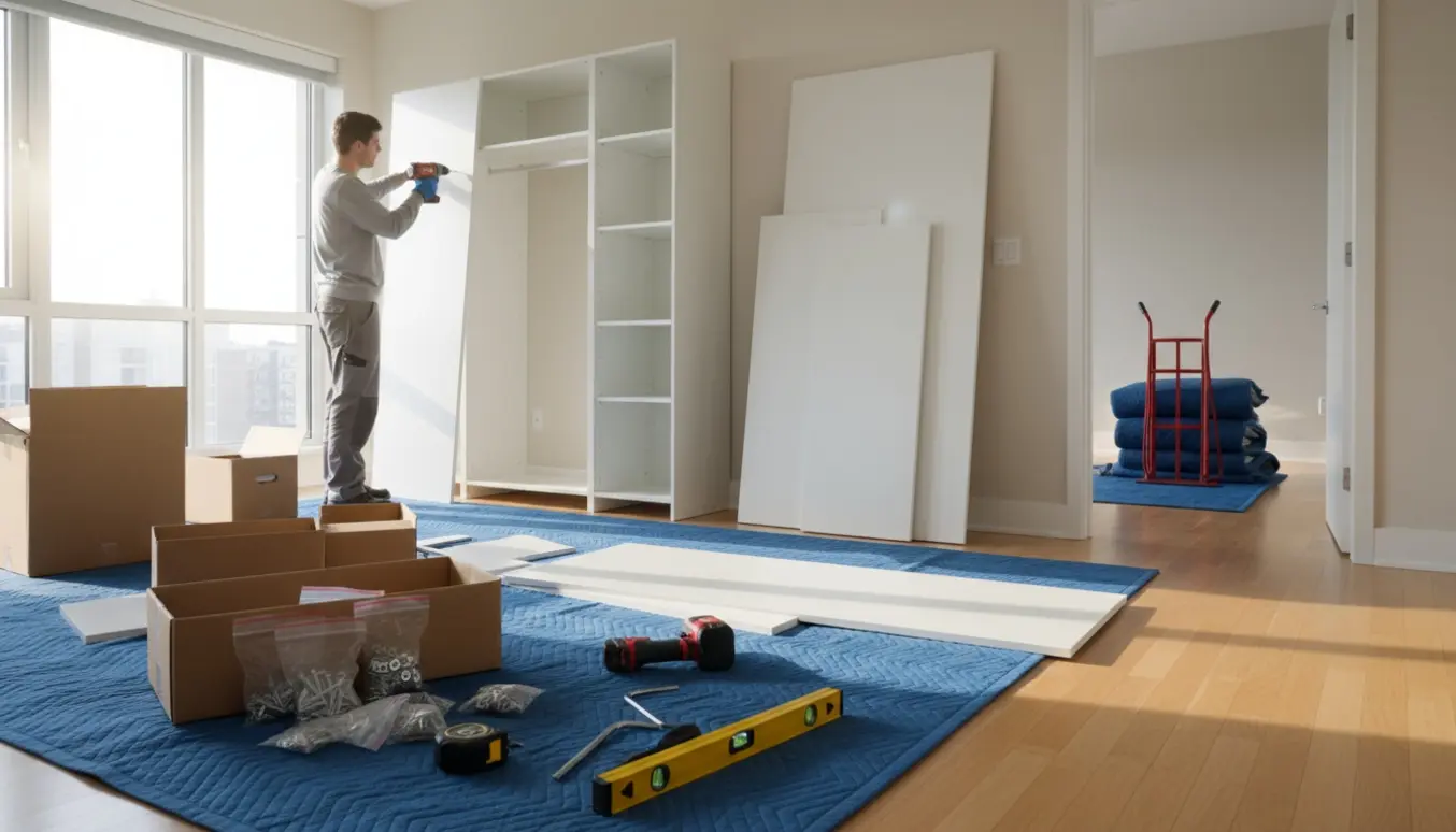 Delvist samlet hvidt PAX-garderobeskab monteres i en lejlighed med paneler, værktøj og flytteudstyr.