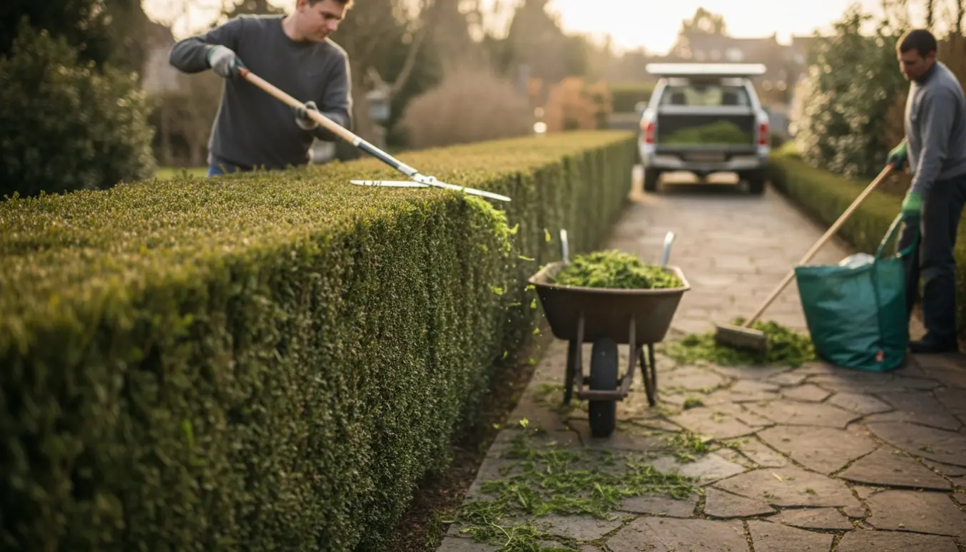 Lang hæk langs en smal sti, hvor toppen klippes med teleskophæksaks og afklip samles i trillebør.