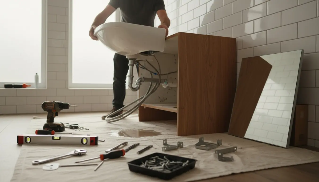 Håndværker fjerner gammel håndvask og underskab foran flisevæg, klar til at montere ny vask, underskab og spejlskab.