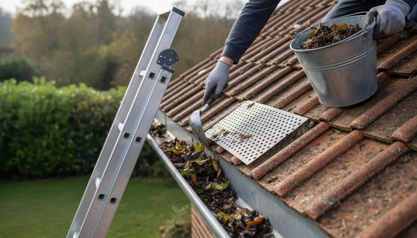 Hænder i handsker fjerner blade og mos fra en tagrende med en skraber og spand på en stige.