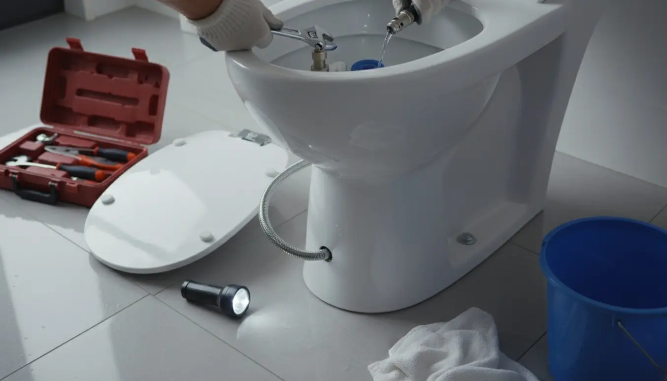 Hænder justerer en åben toiletcisternen med lavt vandniveau og værktøj ved siden af.