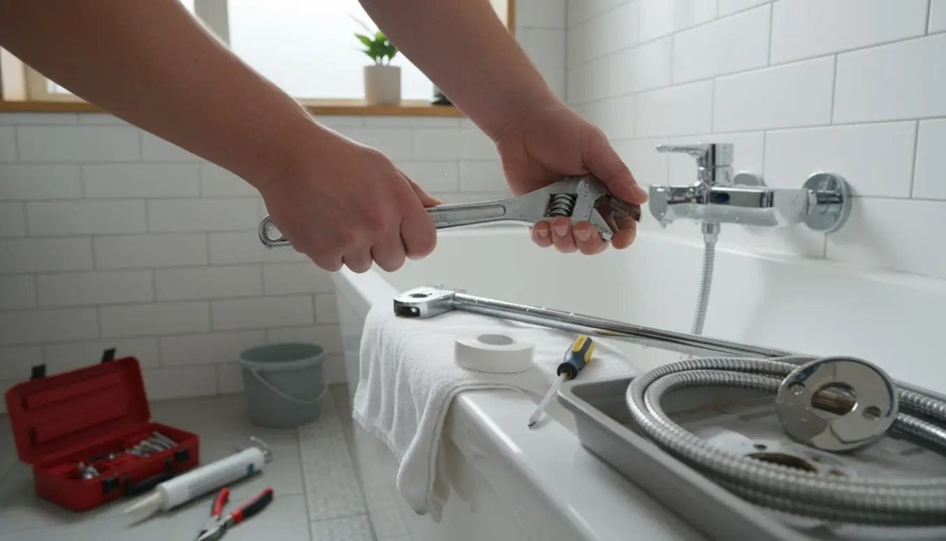 Hænder monterer et nyt krom brusesæt med blandingsbatteri og brusestang i et lyst badeværelse.