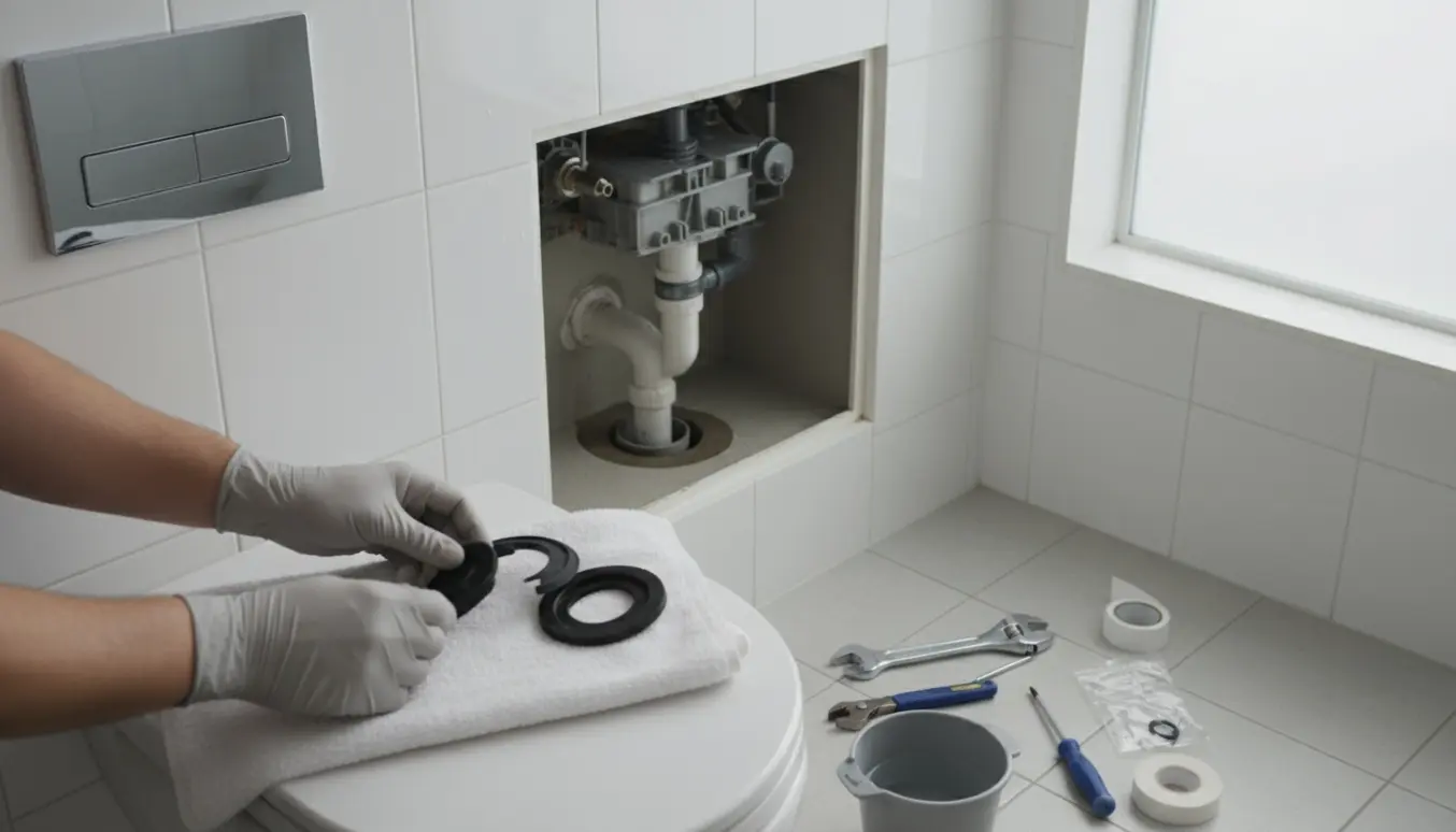 Åben indbygget cisternes inspektionspanel med værktøj og en ny gummiklapsventil klar til udskiftning ved et utæt toilet.