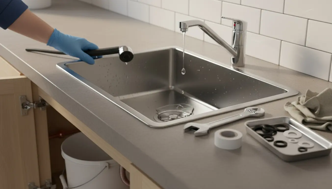 Nærbillede af en dryppende kromarmatur og bruser over en rustfri køkkenvask med værktøj og reservedele klar til VVS-arbejde.