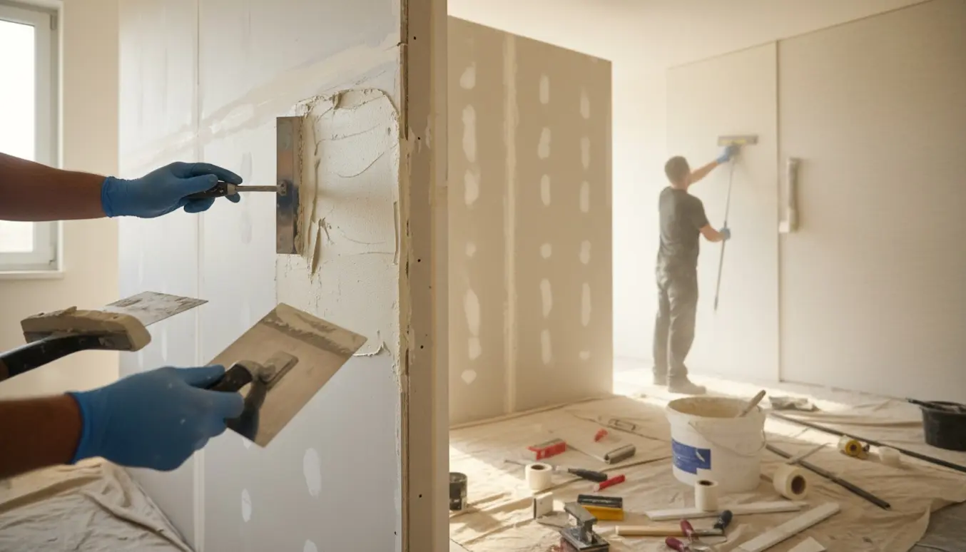 Hænder fuldspartler og en anden hånd filter en dobbeltsidet gipsvæg i et lyst rum med værktøj og afdækning.