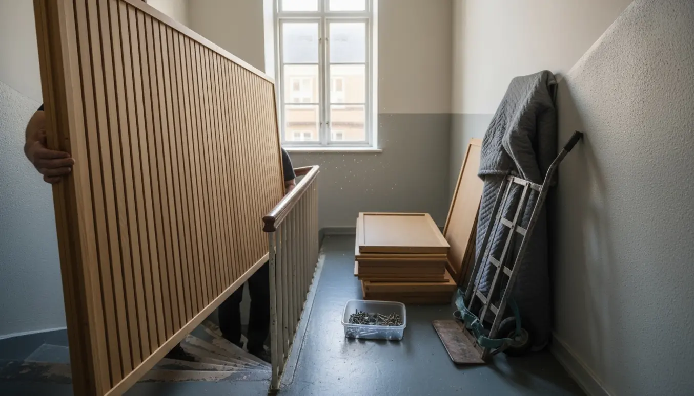 To flyttemænd bærer et afmonteret skabspanel op ad en smal opgang med de resterende skabskomponenter samlet på reposen.