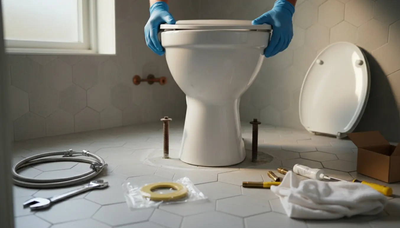 Udskiftning af et gulvstående toilet i et lille skandinavisk badeværelse med værktøj på fliserne.