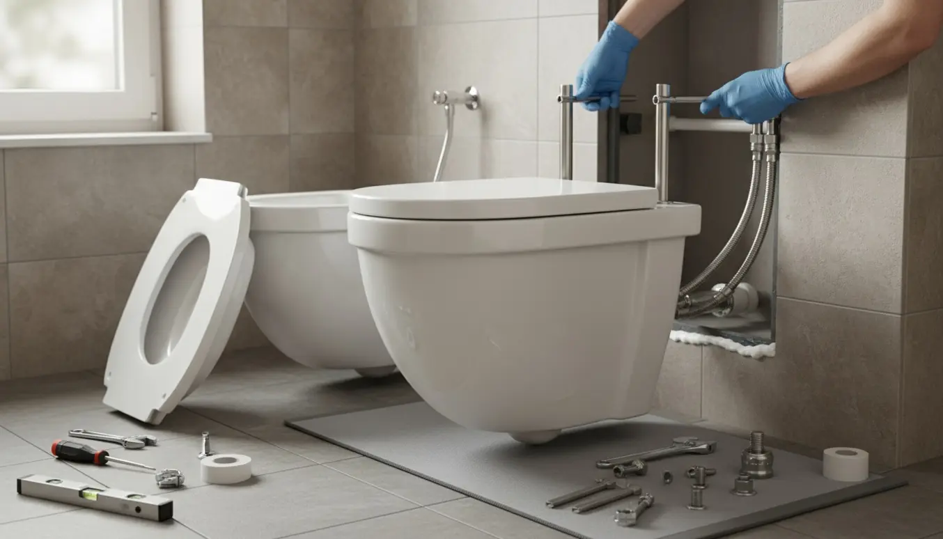 Håndværker installerer et nyt douche-toilet i et badeværelse med værktøj og det gamle væghængte toilet ved siden af.