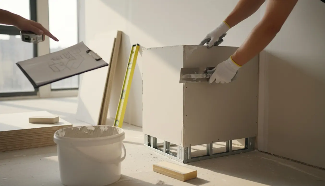 Hænder glatter en ny, ca. 1 meter høj skillevæg i et tomt rum med byggematerialer og værktøj omkring.