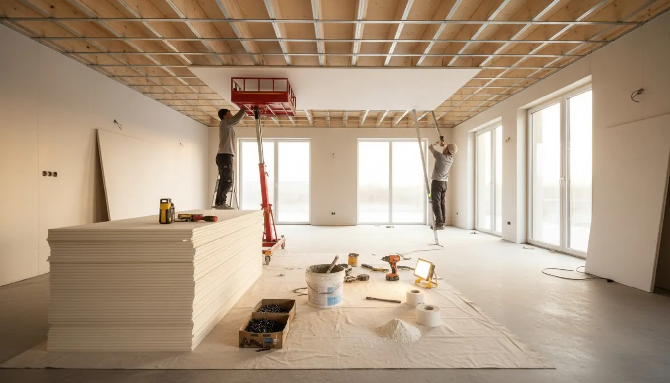 Installatører monterer gipsloft i et tomt lavloftet hus med stiger, træforskalling og gipsplader.
