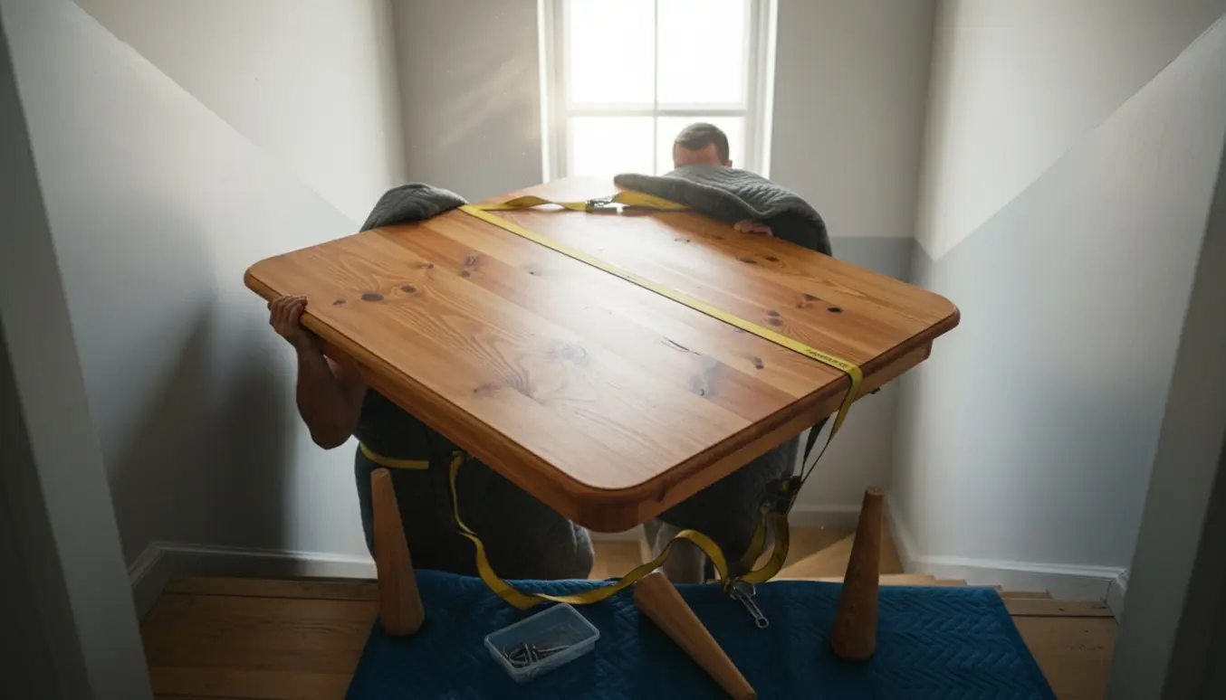 To flyttemænd bærer en tung, firkantet bordplade i massivt fyr træ op ad en smal opgang med afskruede ben og beskyttelsesbetræk.