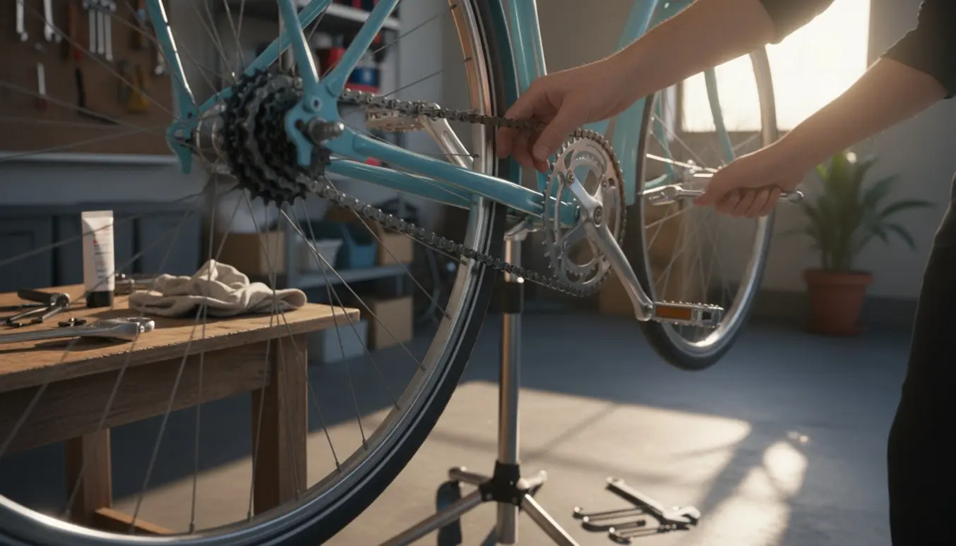 Nærbillede af en damecykel på stativ, hvor hænder sætter kæden på igen og strammer en løs pedal.