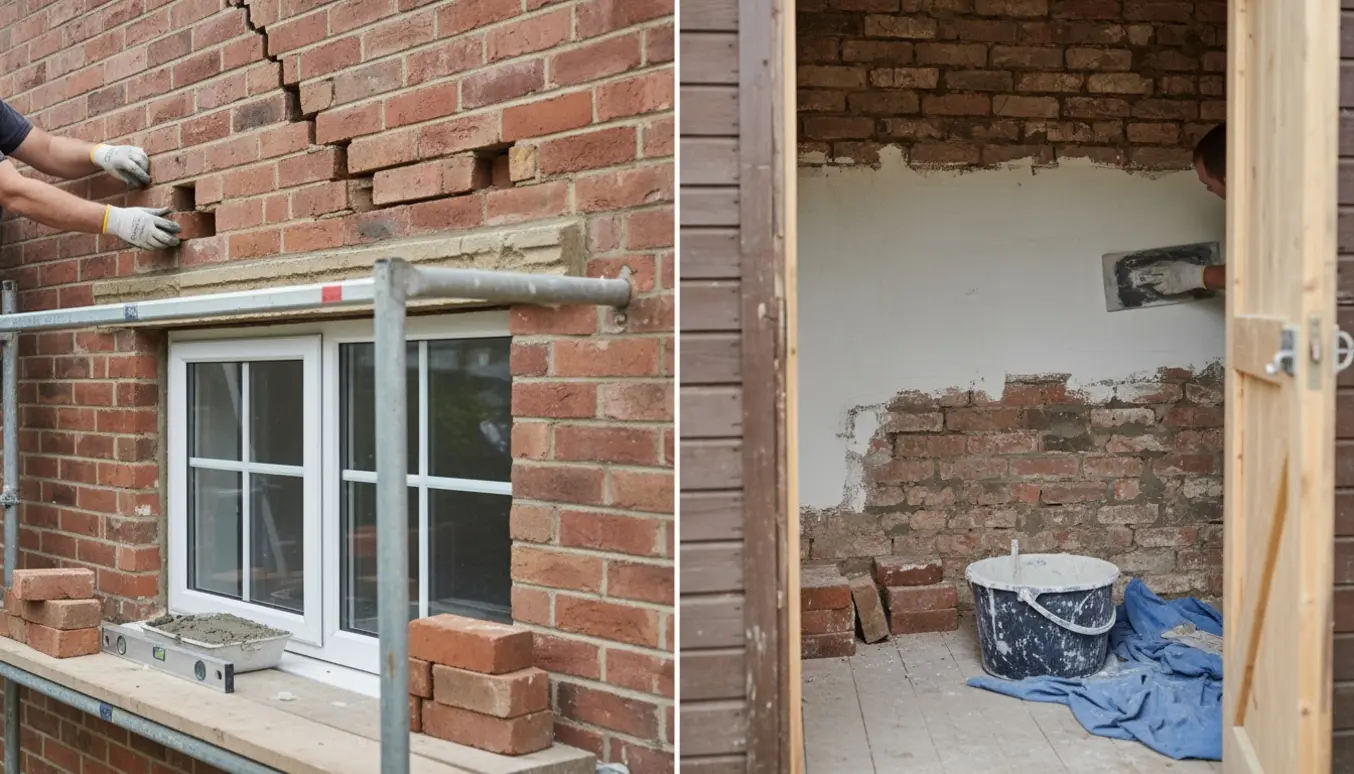 Udvendig mur ved nyt vindue med udskiftede mursten og indvendig skurvæg under oppudsning.