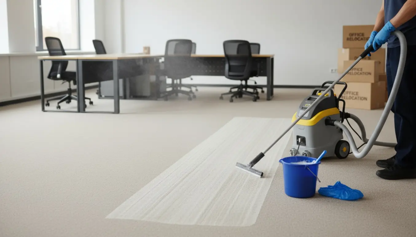 Professionel rensning af væg-til-væg tæpper i et kontor forud for fraflytning.