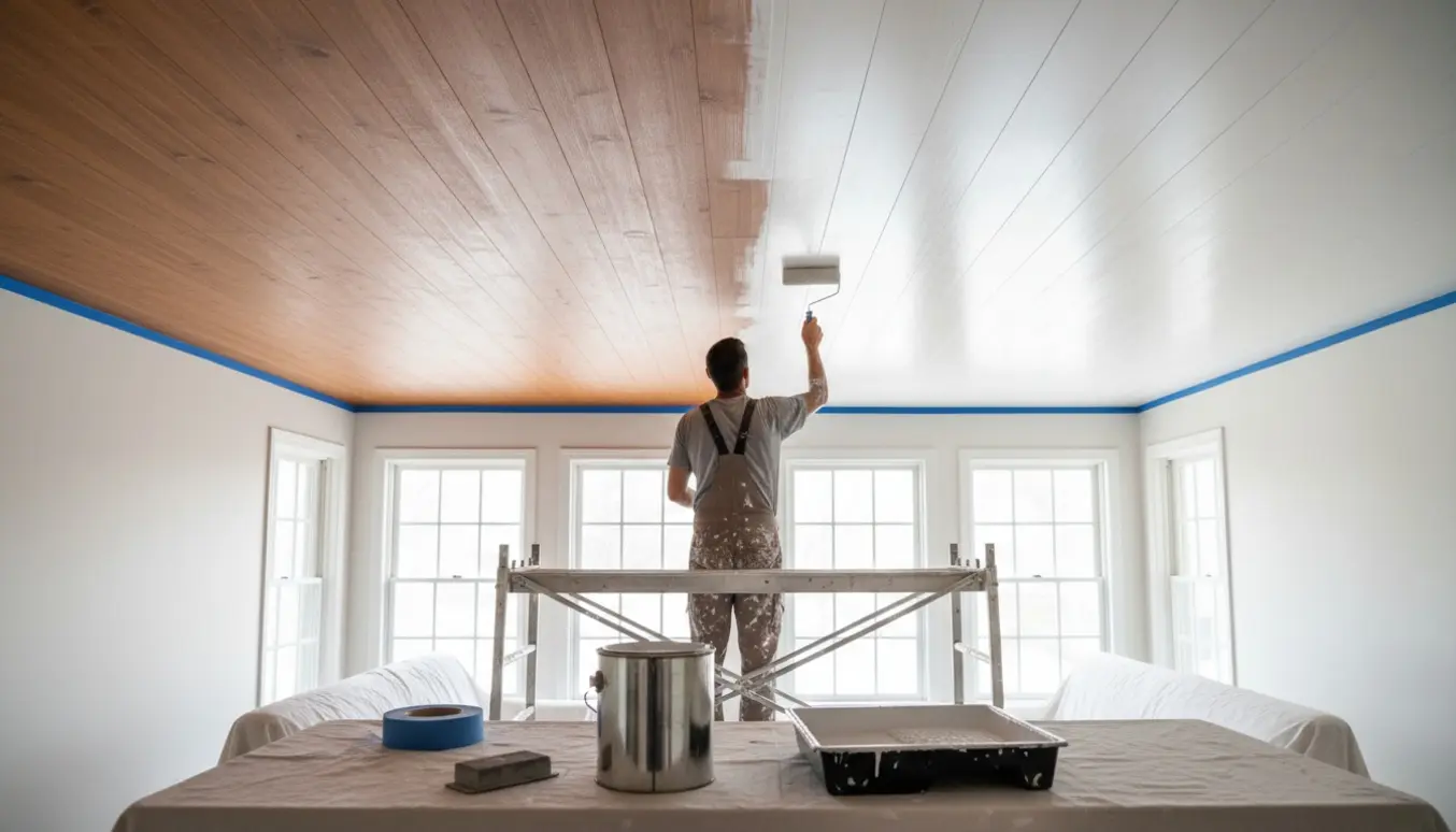 Et træ-lignende bræddeloft males hvidt med rulle fra en stige i et lyst rum.