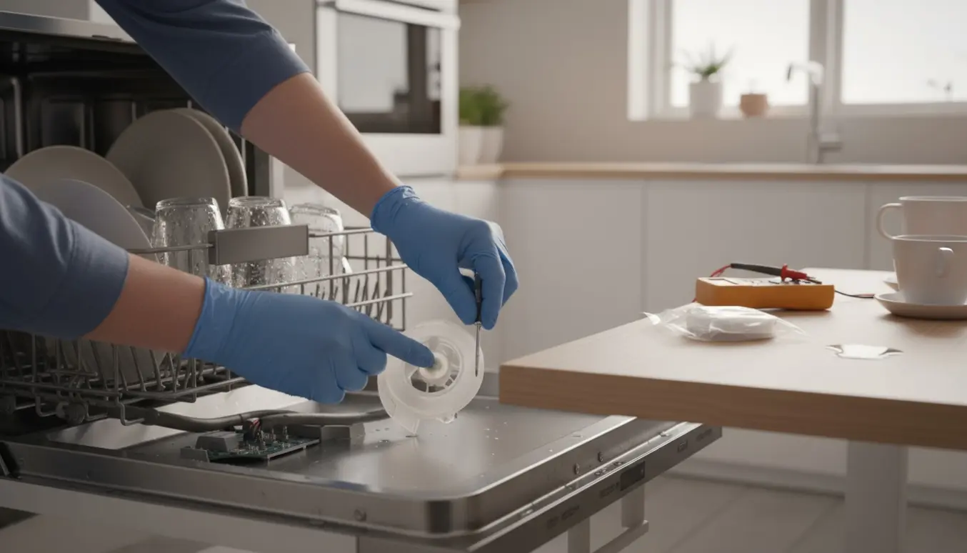 Åben opvaskemaskine med udtaget flowmåler på bordet og hænder, der reparerer den.
