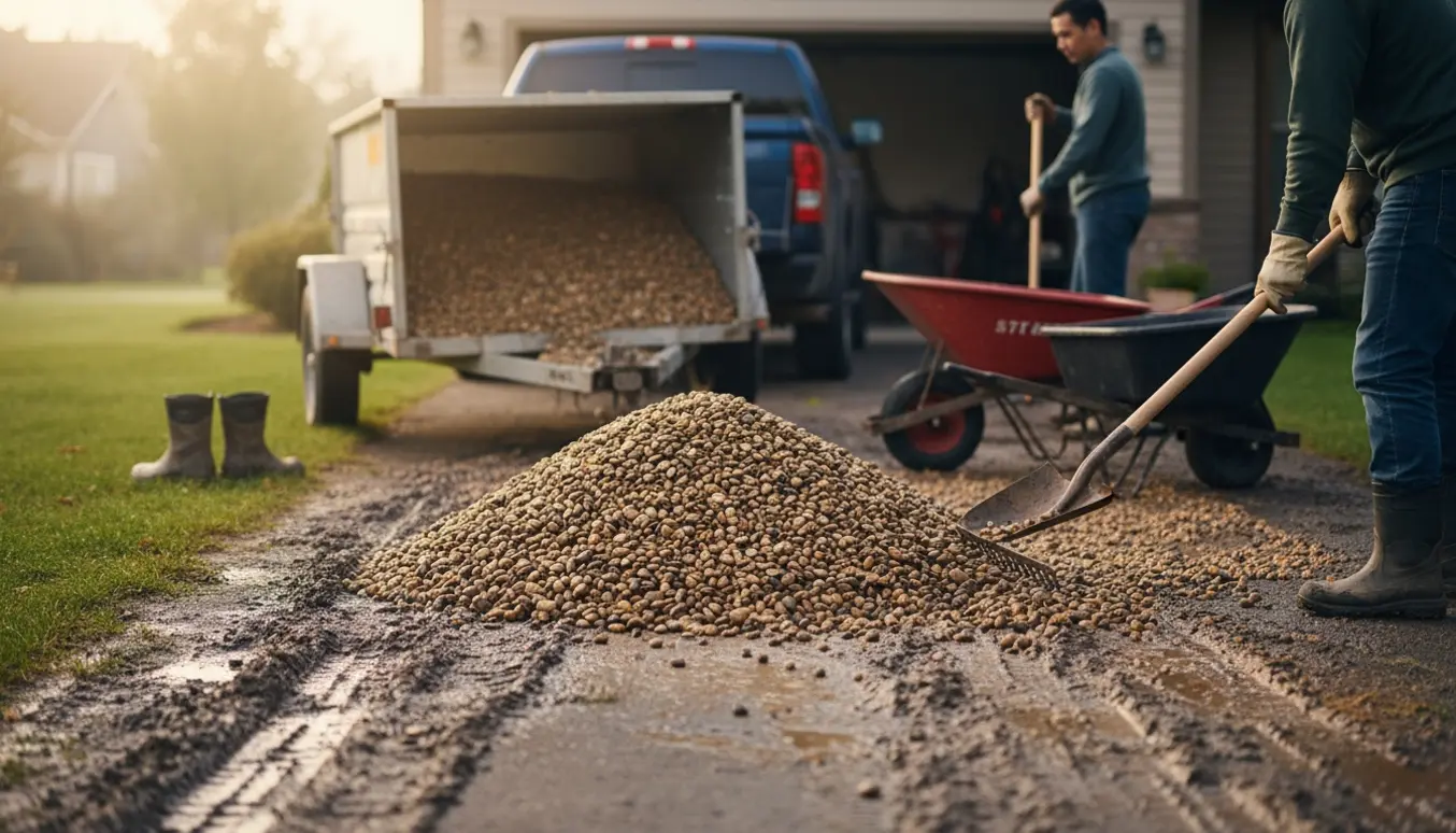 En lille trailer læsser grus på en mudret indkørsel, mens en person fra ryggen jævner det ud med en rive.
