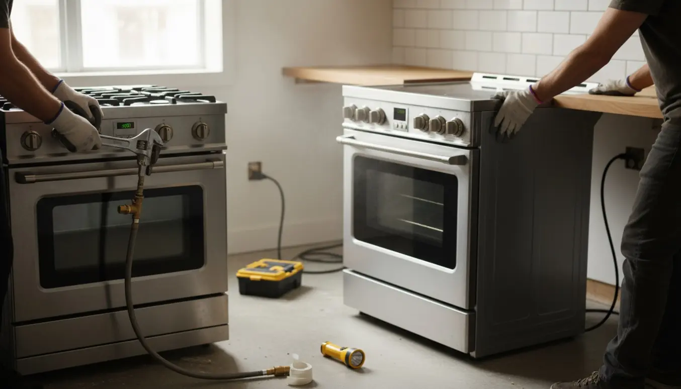 Hænder frakobler en gammel gaskomfur og fører et nyt elektrisk komfur på plads i et moderne køkken.