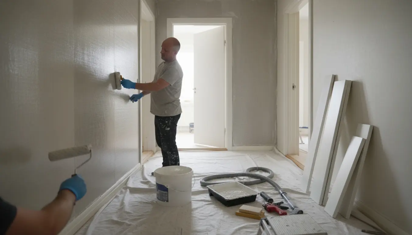 Hænder sætter glasfilt op og maler en lille entré med værktøj og nye fodpaneler i rummet.