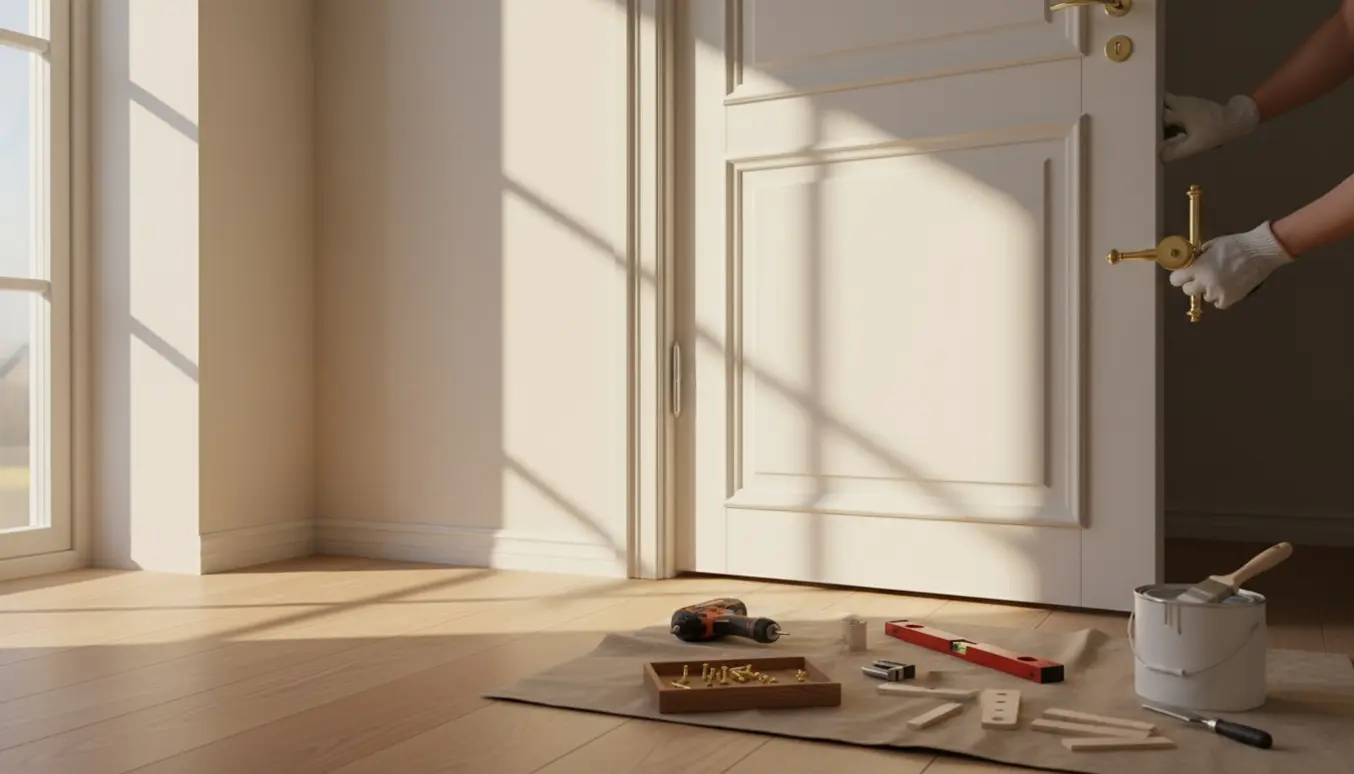 En hvid fyldningsdør med messinghåndtag ved dørrammen, klar til montering i en lys lejlighed.