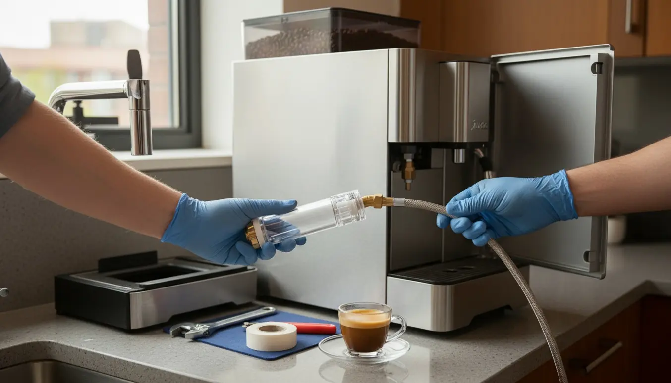 En tekniker tilslutter et vandfilter fra vandhanen til en stor bean-to-cup kaffemaskine på en moderne køkkenbordplade.