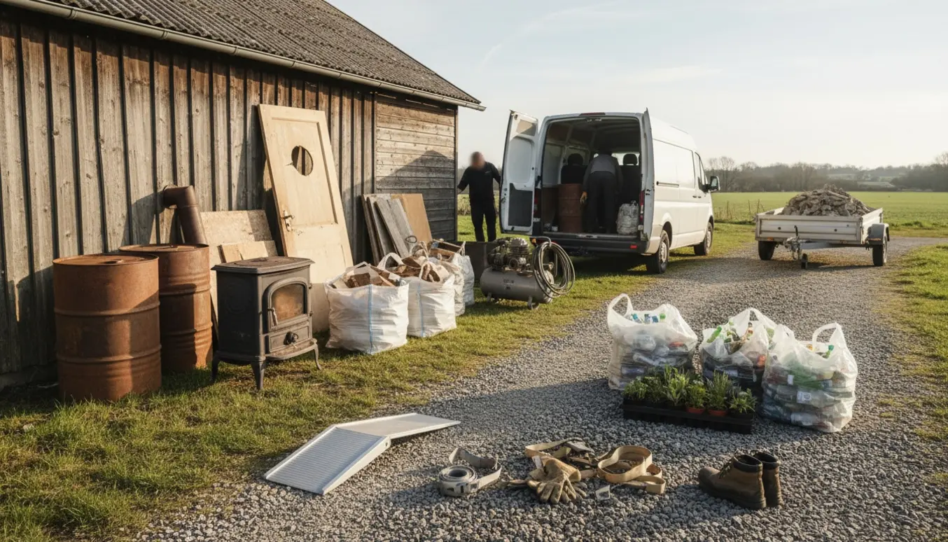Varevogn og trailer lastes med sorteret byggeaffald ved et skur på privat grund.