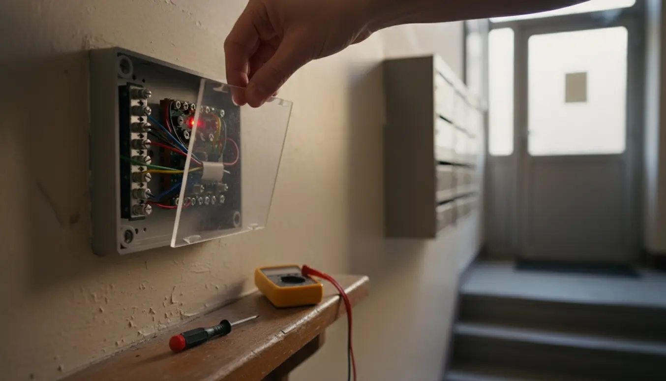 Hænder fjerner frontpanelen på en dørtelefon i opgangen med en rød statuslampe tændt.