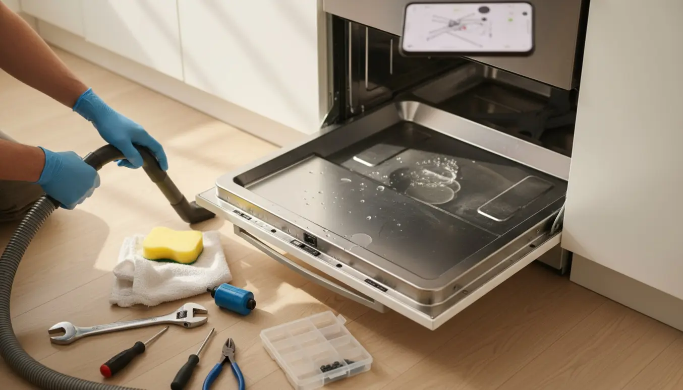 Handskerede hænder fjerner vand fra bunden af en åben opvaskemaskine med værktøj og spand ved siden af.