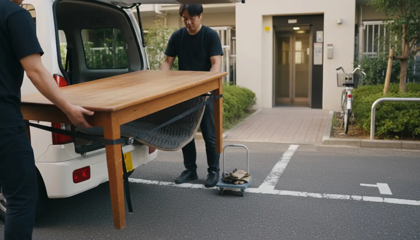 Et brugt træbord løftes ind i en lille kassevogn uden tydelige ansigter, med flyttetæpper og dolly ved indgang med åben elevator.